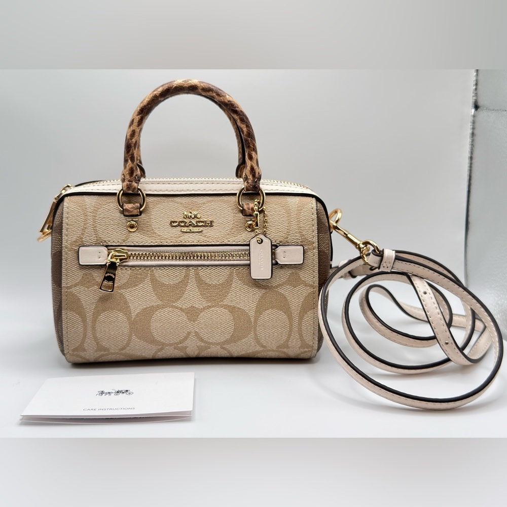 Coach NEW! Mini Rowan Signature Tan and Cream Canvas Crossbody Purse - Picture 2 of 16
